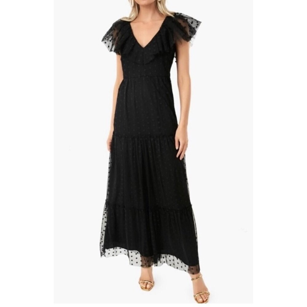 Tuckernuck Dress Womens Large Black Polka Dot Tulle Giselle Maxi Flutter Sleeve